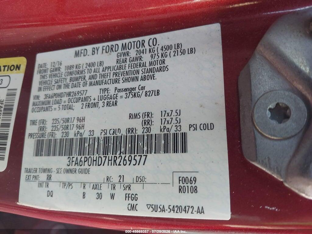 3FA6P0HD7HR269577 2017 FORD FUSION photo no. 9