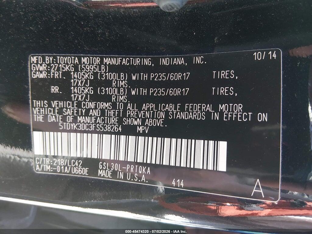 5TDYK3DC3FS538264 2015 TOYOTA SIENNA photo no. 9