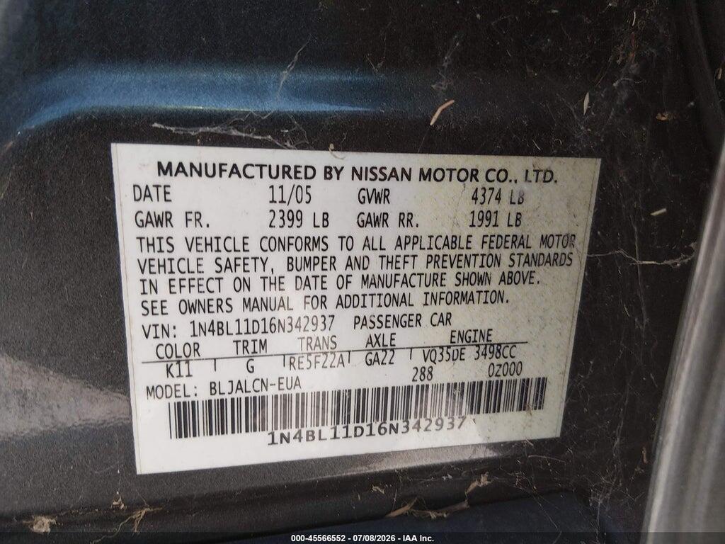 1N4BL11D16N342937 2006 NISSAN ALTIMA photo no. 9