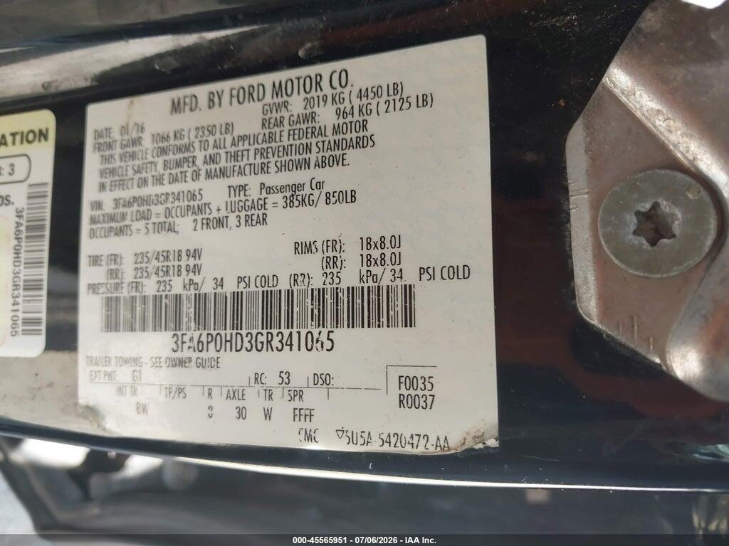 3FA6P0HD3GR341065 2016 FORD FUSION photo no. 9