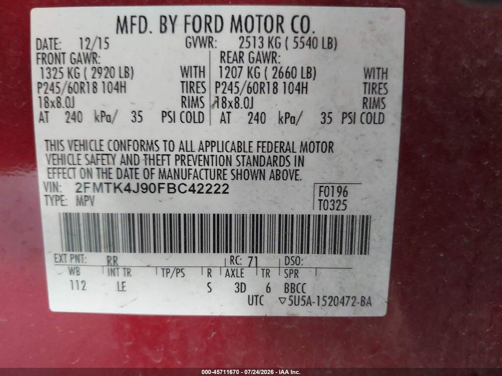 2FMTK4J90FBC42222 2015 FORD EDGE photo no. 9