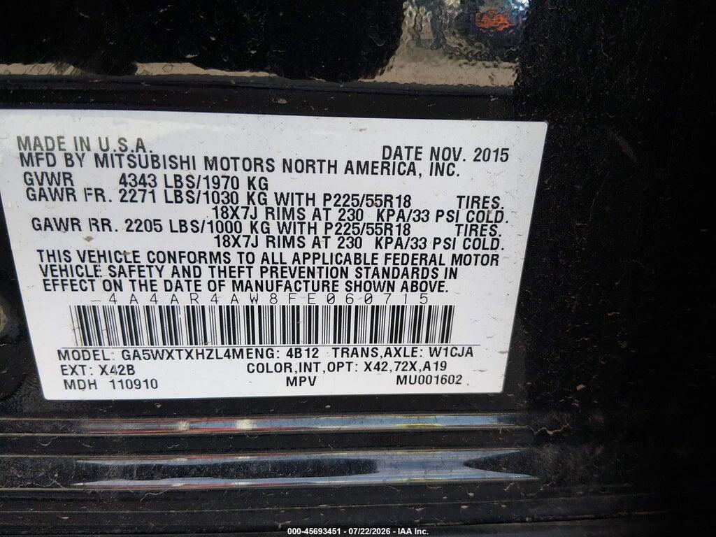 4A4AR4AW8FE060715 2015 MITSUBISHI OUTLANDER SPORT photo no. 9
