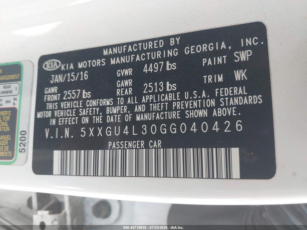 5XXGU4L30GG040426 2016 KIA OPTIMA photo no. 9