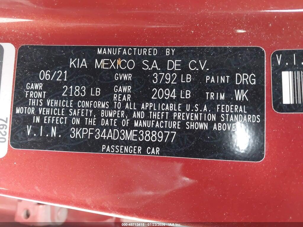 3KPF34AD3ME388977 2021 KIA FORTE photo no. 9