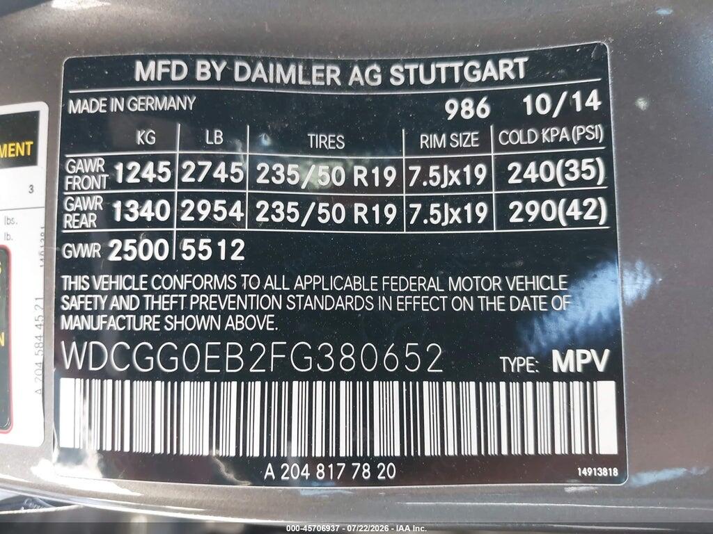 WDCGG0EB2FG380652 2015 MERCEDES-BENZ GLK 250 BLUETEC photo no. 9