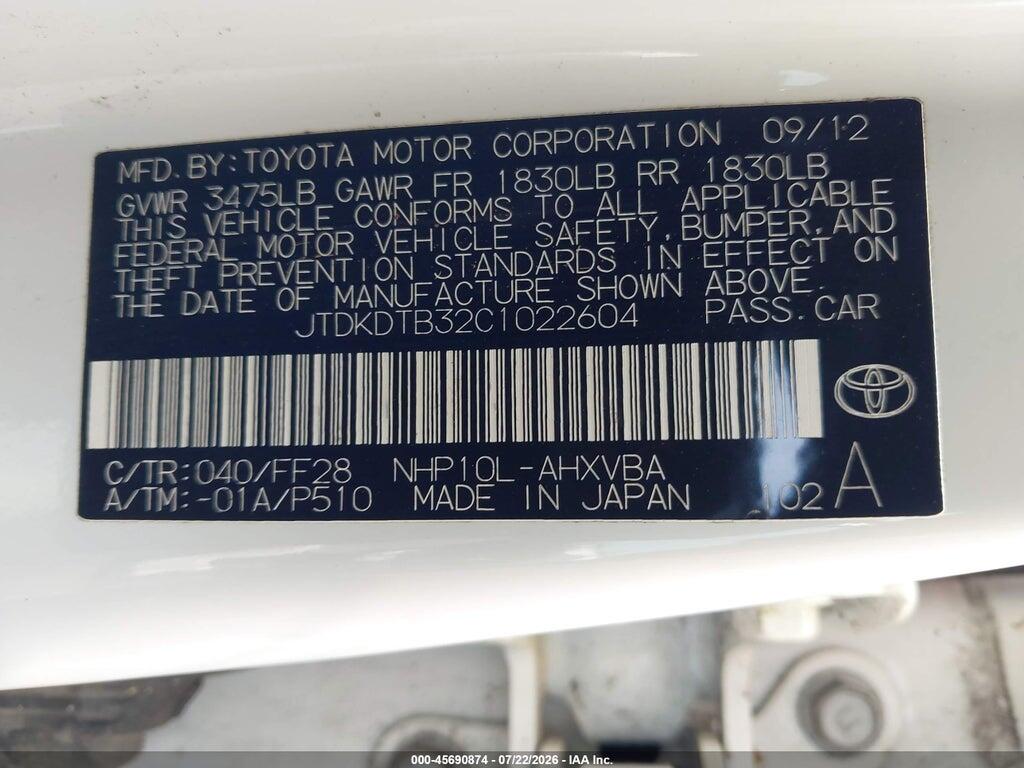 JTDKDTB32C1022604 2012 TOYOTA PRIUS C photo no. 9