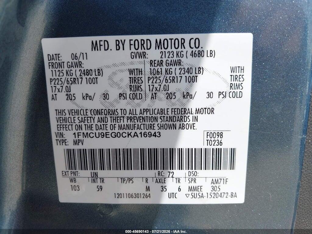 1FMCU9EG0CKA16943 2012 FORD ESCAPE photo no. 9