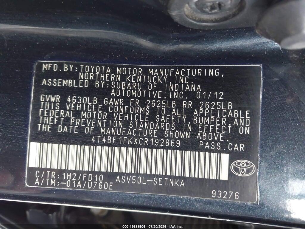 4T4BF1FKXCR192869 2012 TOYOTA CAMRY photo no. 9