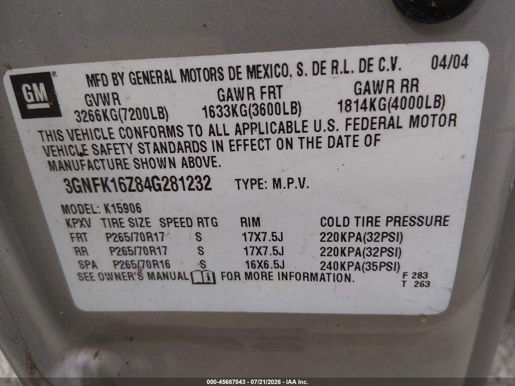 3GNFK16Z84G281232 2004 CHEVROLET SUBURBAN 1500 photo no. 9