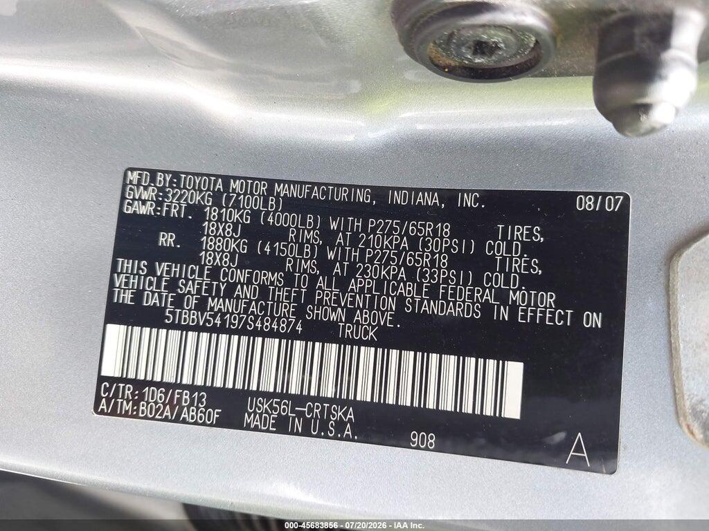 5TBBV54197S484874 2007 TOYOTA TUNDRA photo no. 9