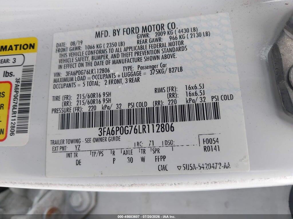 3FA6P0G76LR112806 2020 FORD FUSION photo no. 9