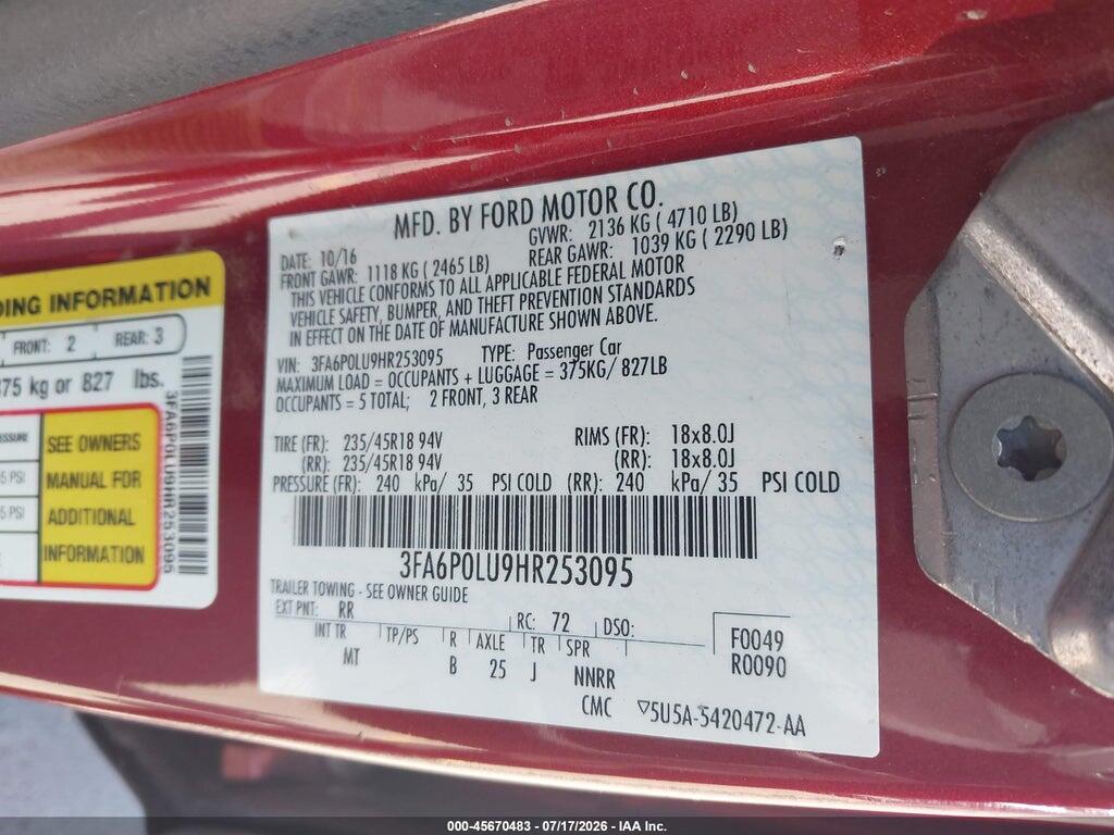 3FA6P0LU9HR253095 2017 FORD FUSION HYBRID photo no. 9