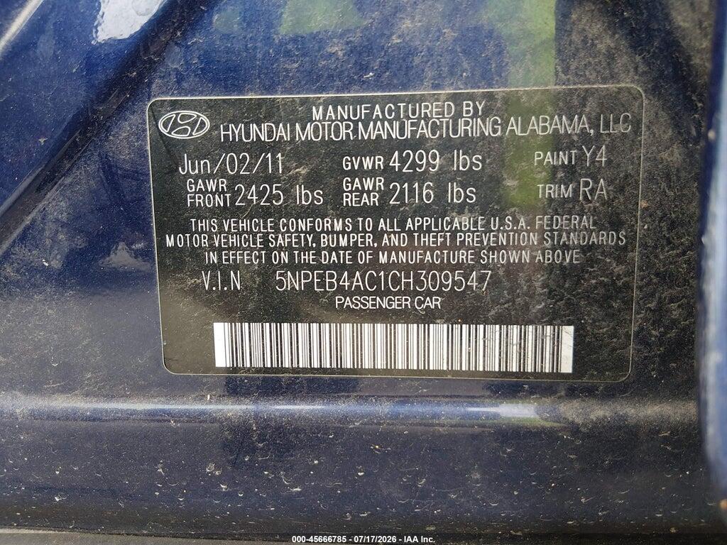 5NPEB4AC1CH309547 2012 HYUNDAI SONATA photo no. 9