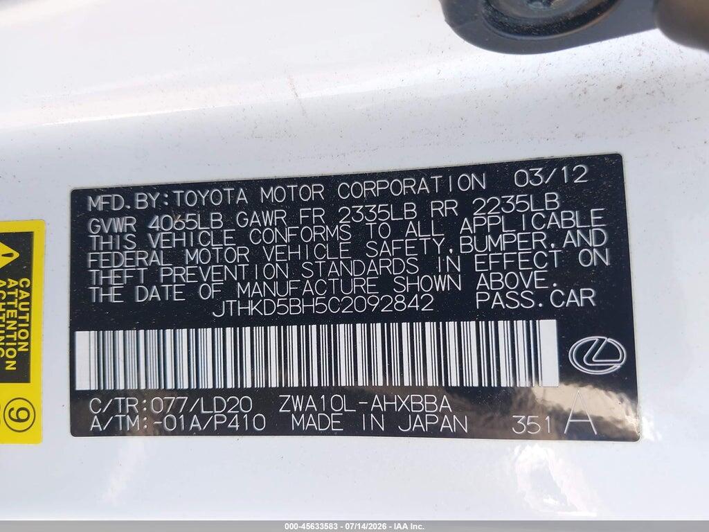 JTHKD5BH5C2092842 2012 LEXUS CT 200H photo no. 9
