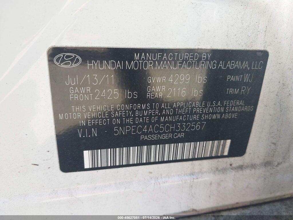 5NPEC4AC5CH332567 2012 HYUNDAI SONATA photo no. 9