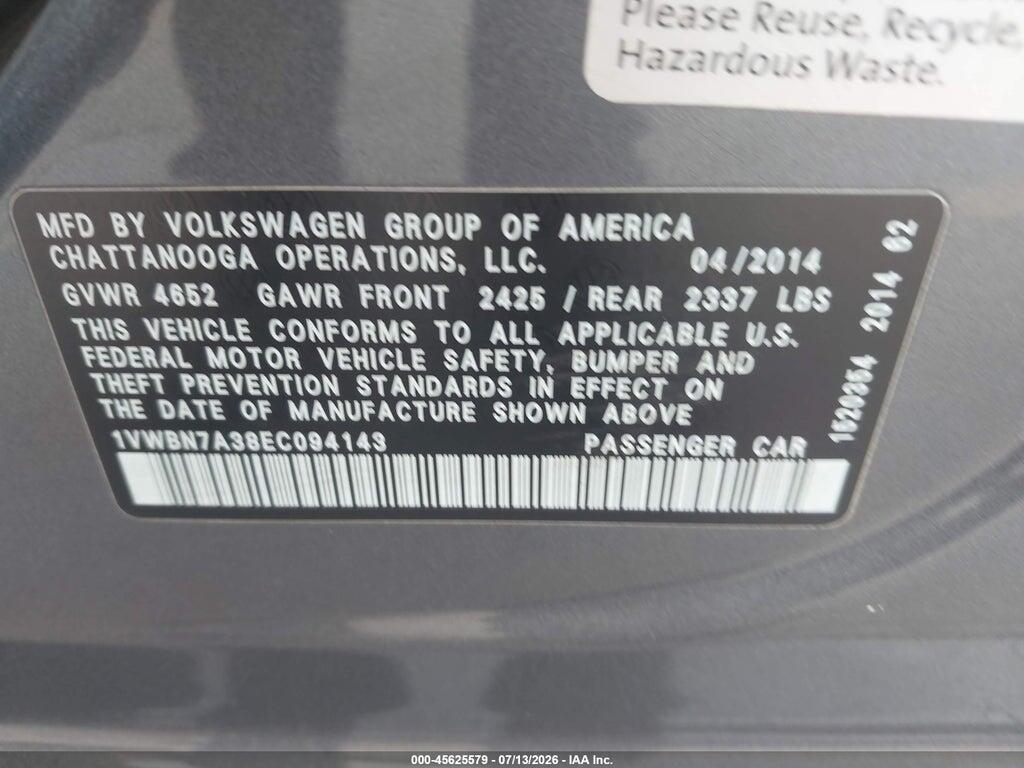 1VWBN7A38EC094143 2014 VOLKSWAGEN PASSAT photo no. 9