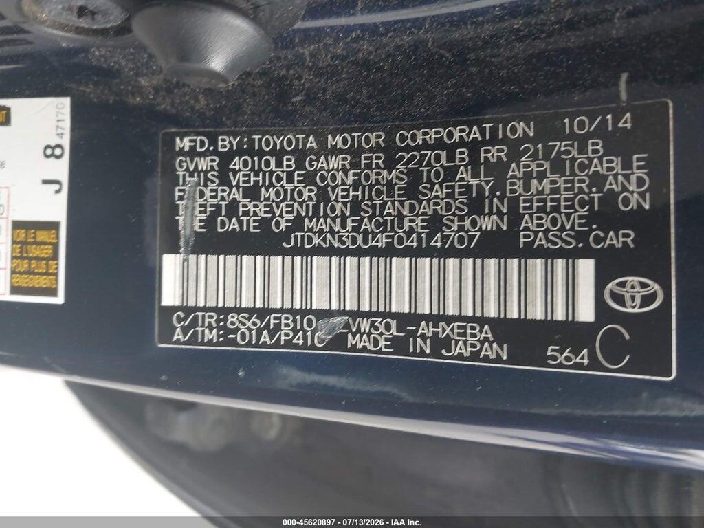 JTDKN3DU4F0414707 2015 TOYOTA PRIUS photo no. 9