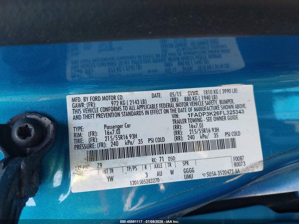 1FADP3K26FL325343 2015 FORD FOCUS photo no. 9