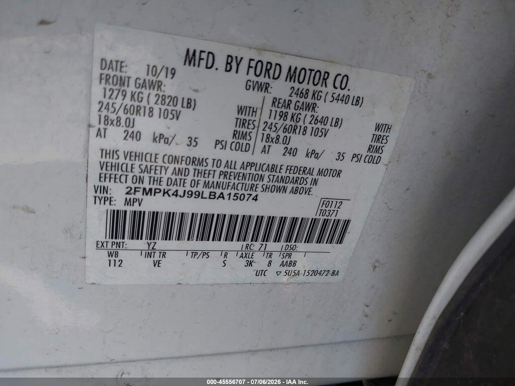 2FMPK4J99LBA15074 2020 FORD EDGE photo no. 9