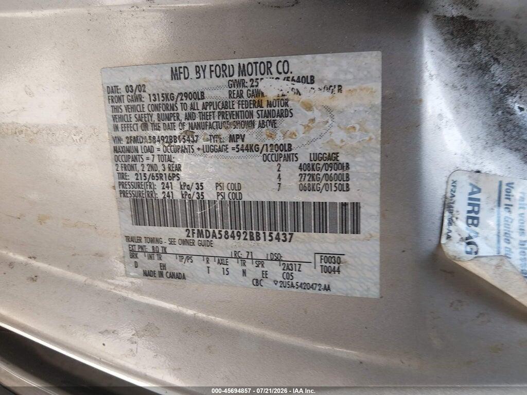 2FMDA58492BB15437 2002 FORD WINDSTAR photo no. 9