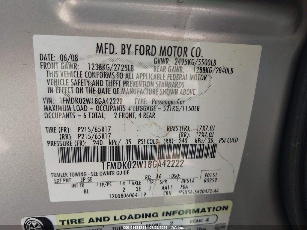 1FMDK02W18GA42222 2008 FORD TAURUS X photo no. 9