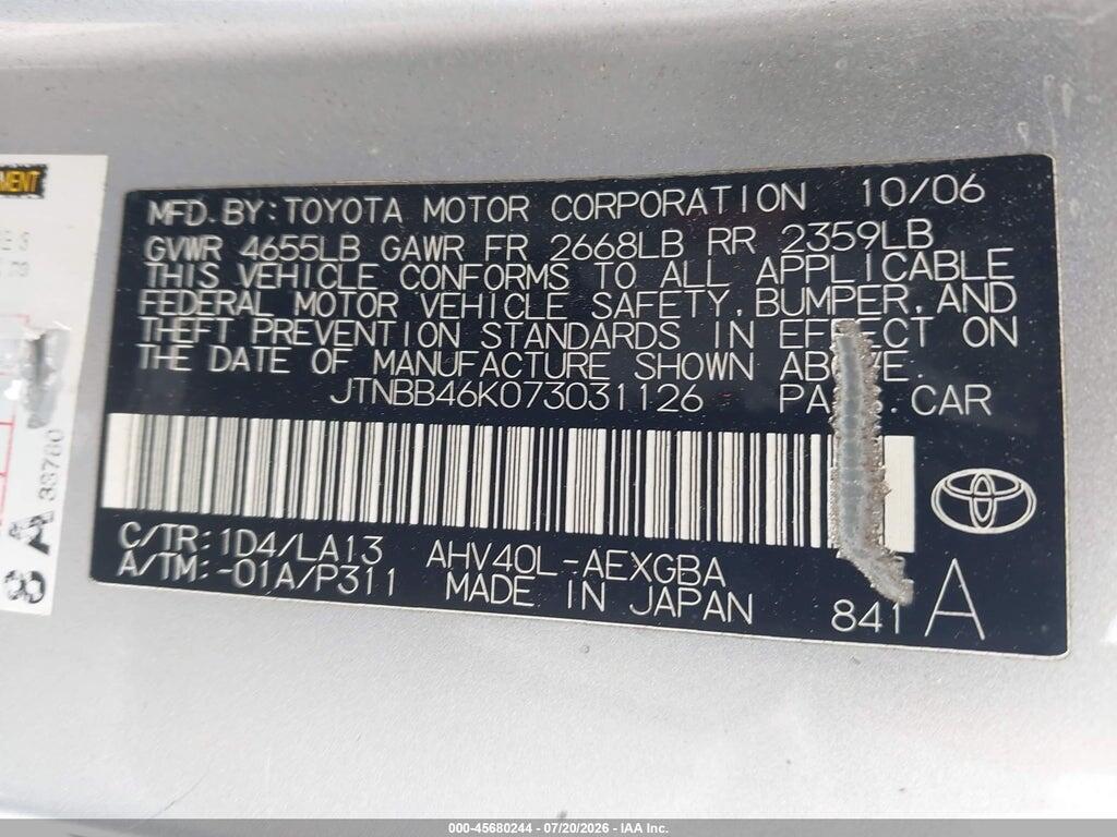 JTNBB46K073031126 2007 TOYOTA CAMRY HYBRID photo no. 9
