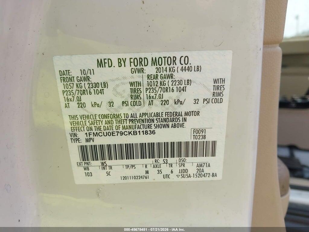 1FMCU0E79CKB11836 2012 FORD ESCAPE photo no. 9