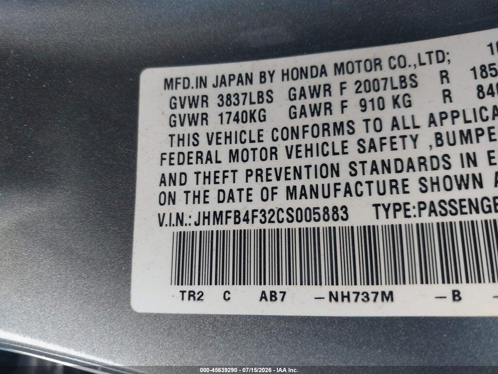 JHMFB4F32CS005883 2012 HONDA CIVIC HYBRID photo no. 9