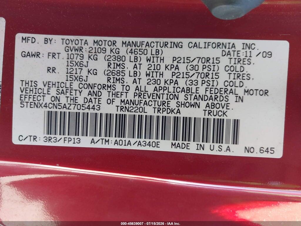 5TENX4CN5AZ705443 2010 TOYOTA TACOMA photo no. 9