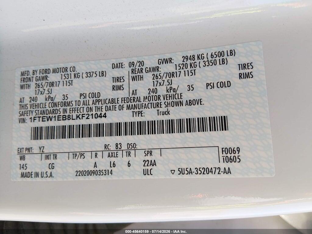 1FTEW1EB8LKF21044 2020 FORD F-150 photo no. 9