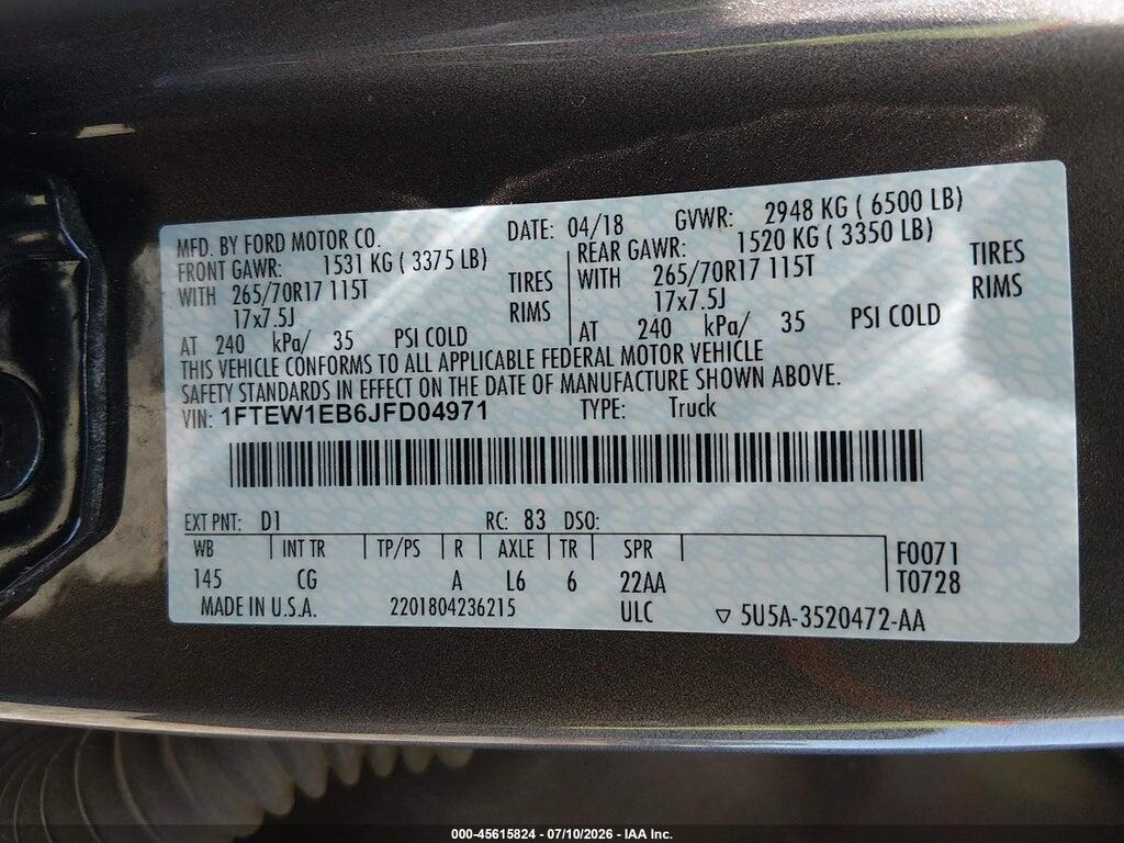 1FTEW1EB6JFD04971 2018 FORD F-150 photo no. 9