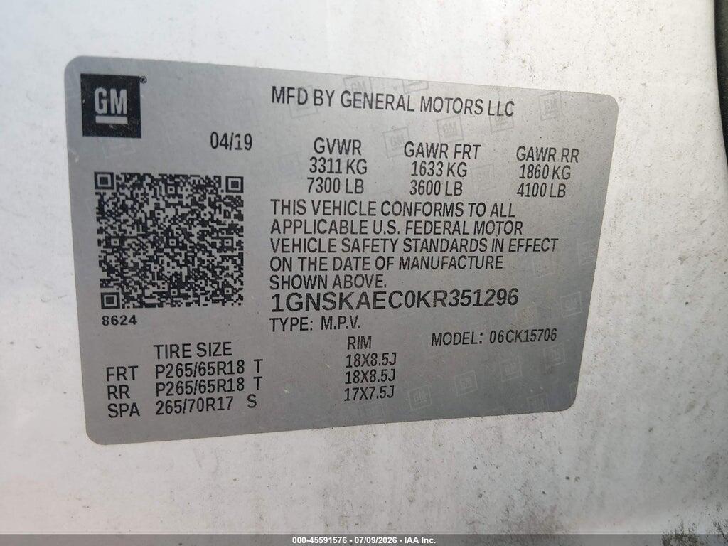 1GNSKAEC0KR351296 2019 CHEVROLET TAHOE photo no. 9
