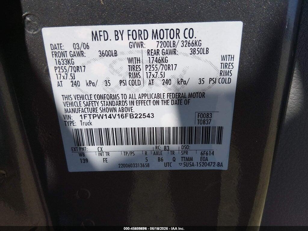1FTPW14V16FB22543 2006 FORD F-150 photo no. 9