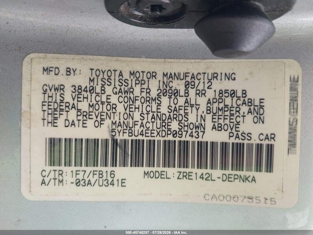 5YFBU4EEXDP097437 2013 TOYOTA COROLLA photo no. 9