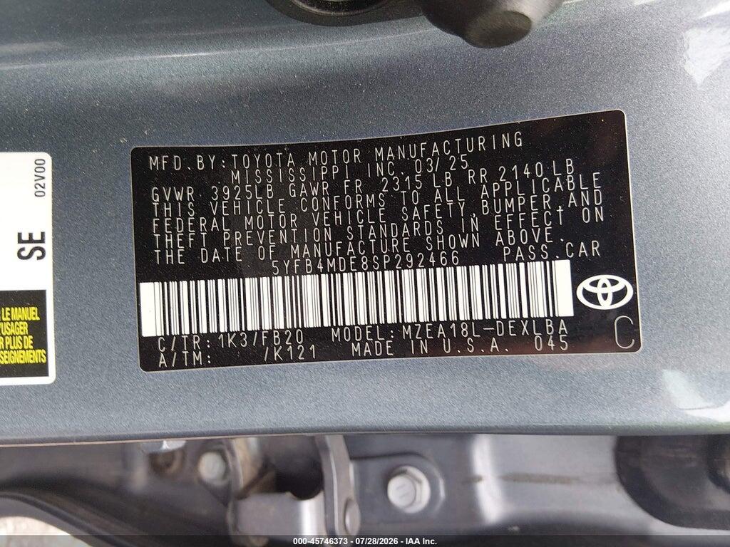 5YFB4MDE8SP292466 2025 TOYOTA COROLLA photo no. 9