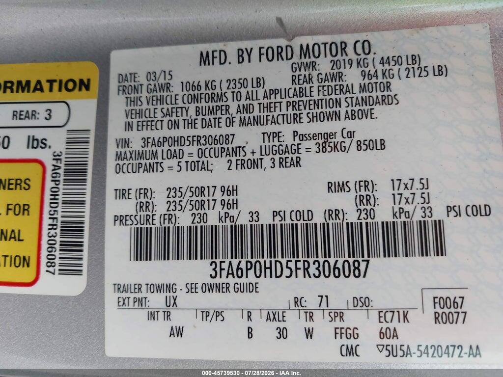 3FA6P0HD5FR306087 2015 FORD FUSION photo no. 9