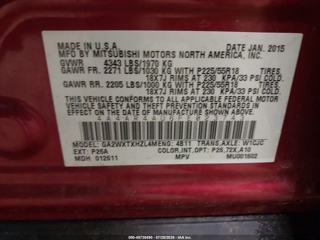 4A4AR4AU6FE023743 2015 MITSUBISHI OUTLANDER SPORT photo no. 9