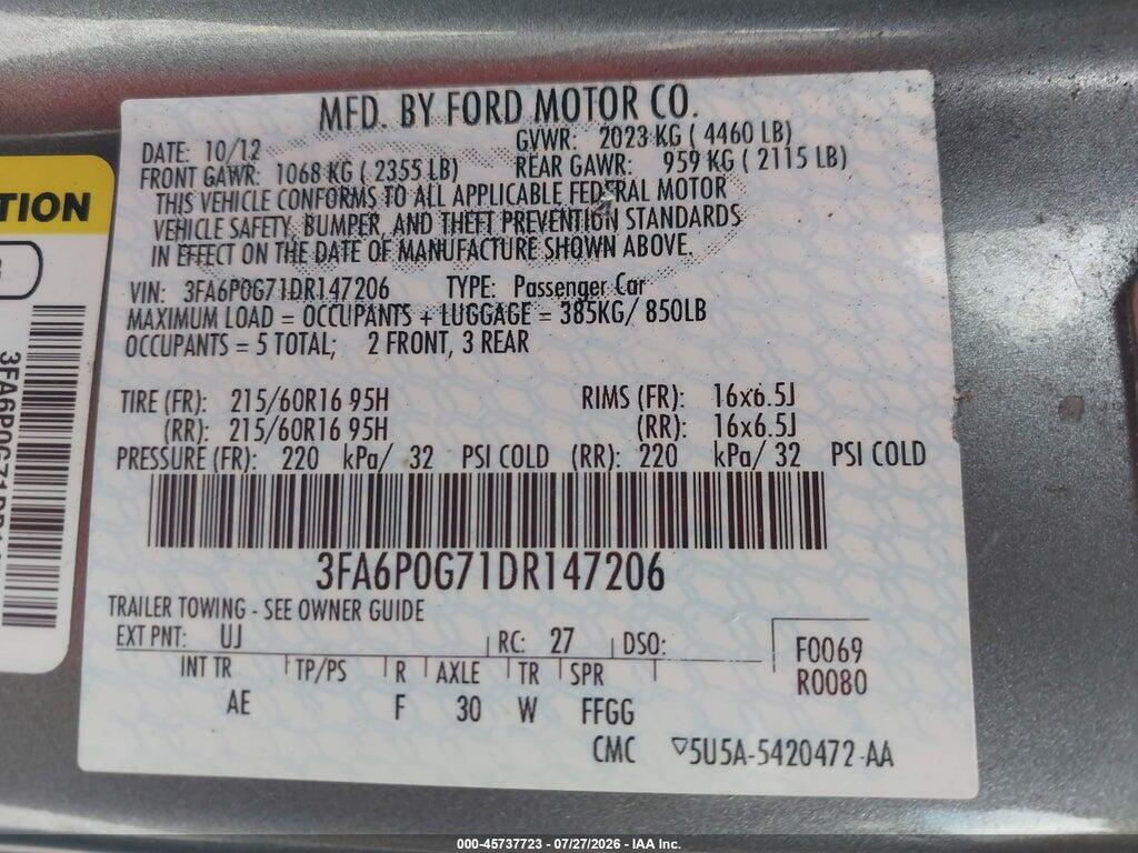 3FA6P0G71DR147206 2013 FORD FUSION photo no. 9