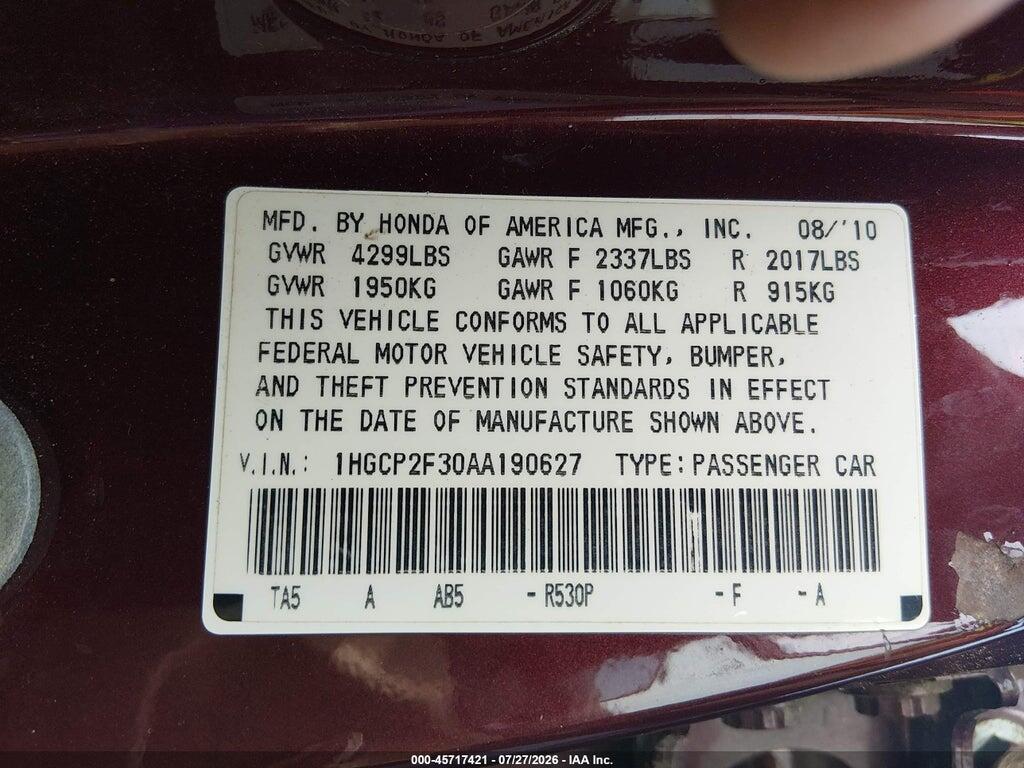 1HGCP2F30AA190627 2010 HONDA ACCORD photo no. 9