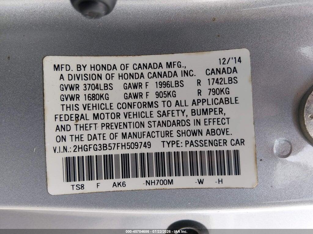 2HGFG3B57FH509749 2015 HONDA CIVIC photo no. 9