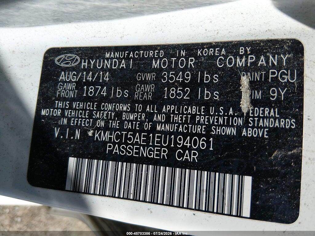 KMHCT5AE1EU194061 2014 HYUNDAI ACCENT photo no. 9