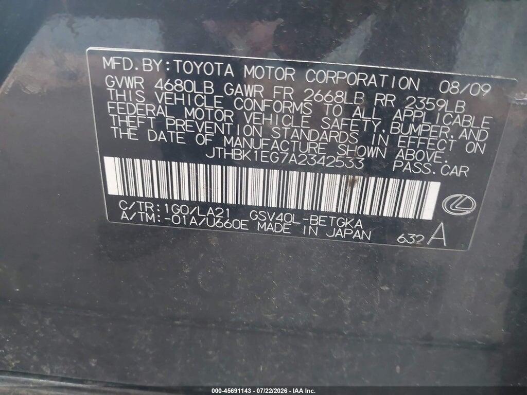 JTHBK1EG7A2342533 2010 LEXUS ES 350 photo no. 9