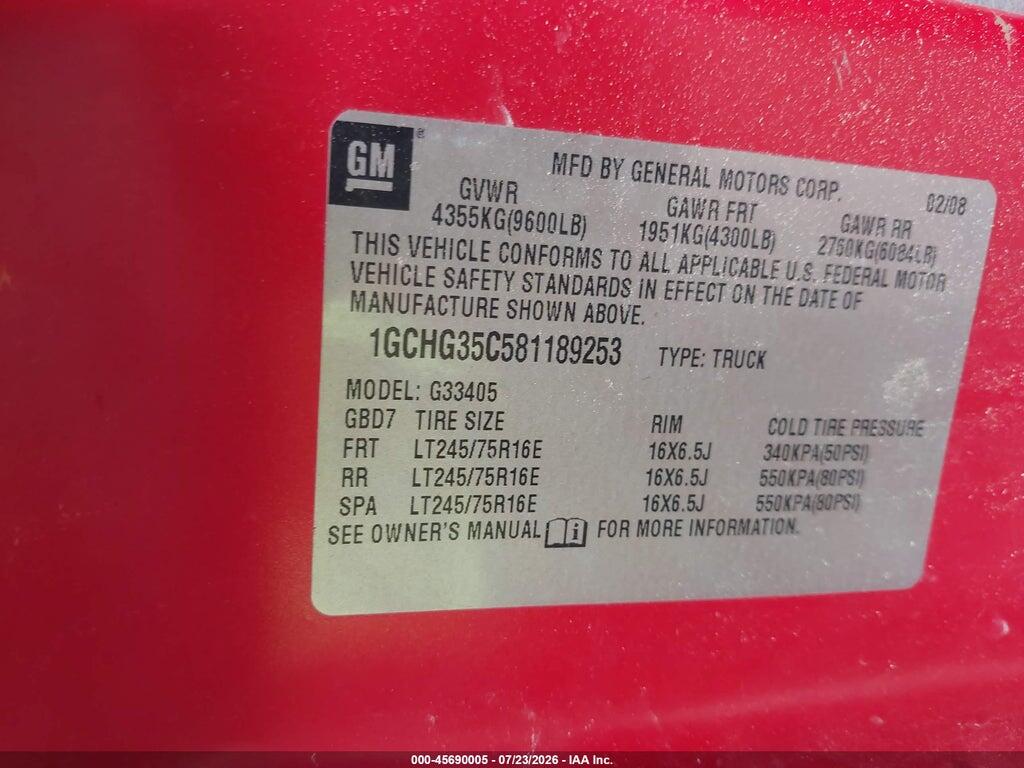 1GCHG35C581189253 2008 CHEVROLET EXPRESS photo no. 9