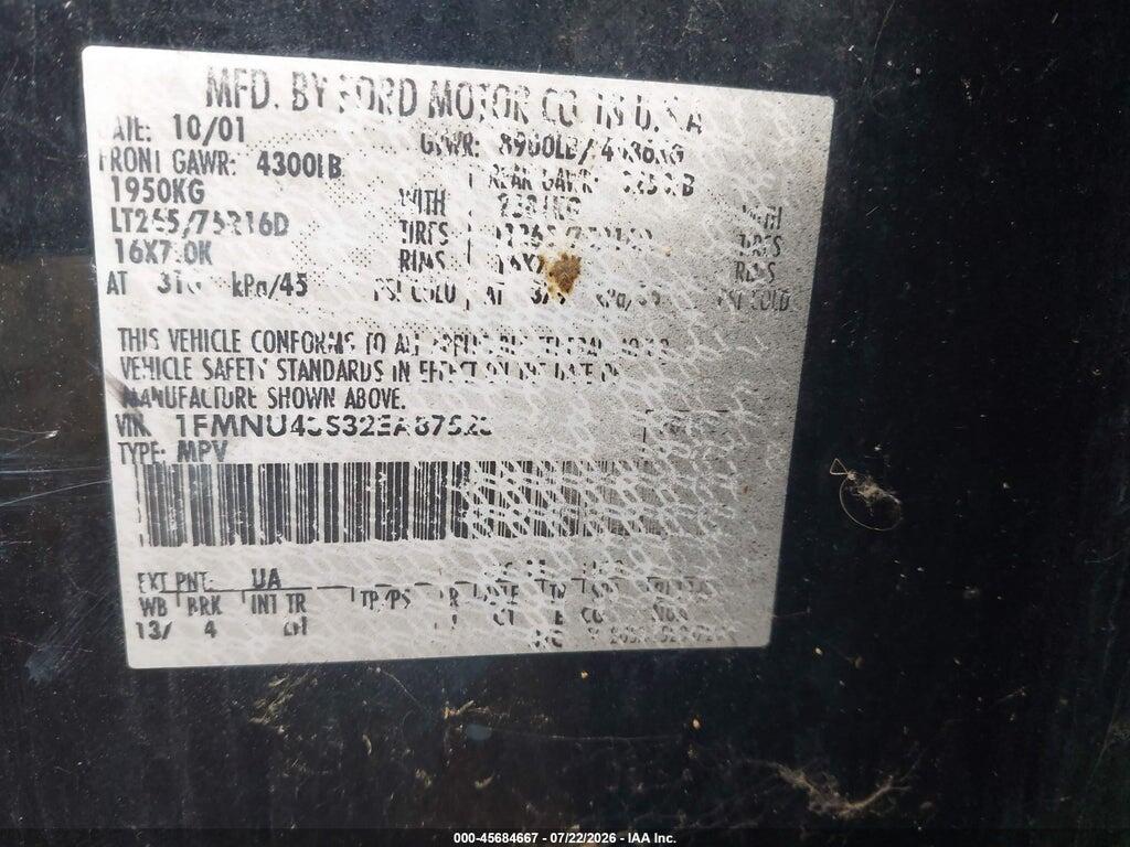 1FMNU43S32EA87523 2002 FORD EXCURSION photo no. 9