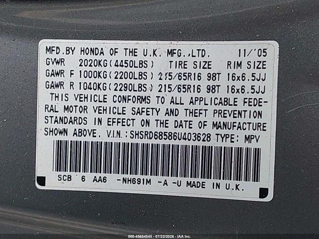 SHSRD68586U403628 2006 HONDA CR-V photo no. 9