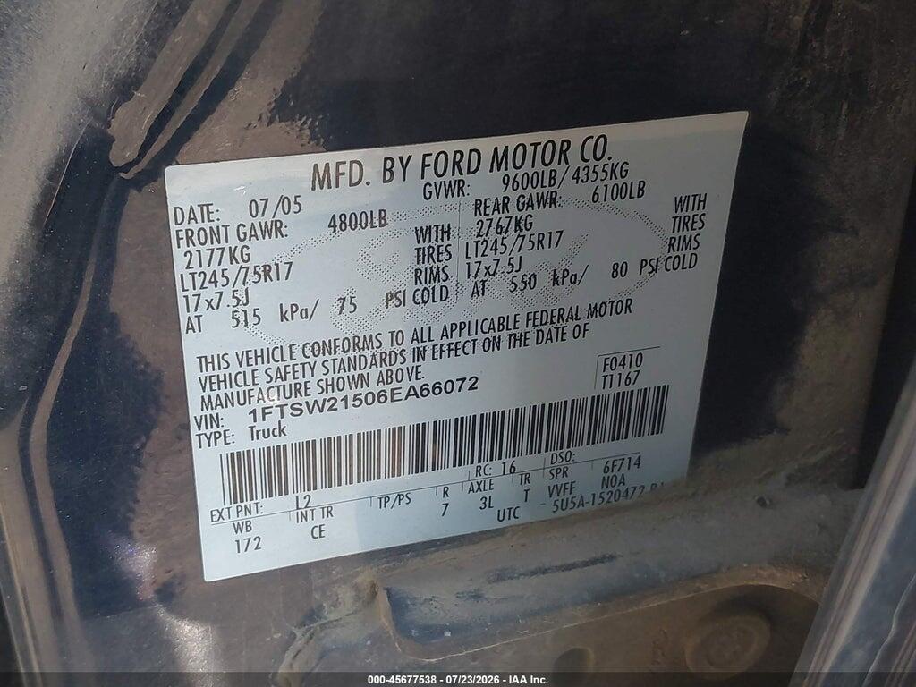 1FTSW21506EA66072 2006 FORD F-250 photo no. 9