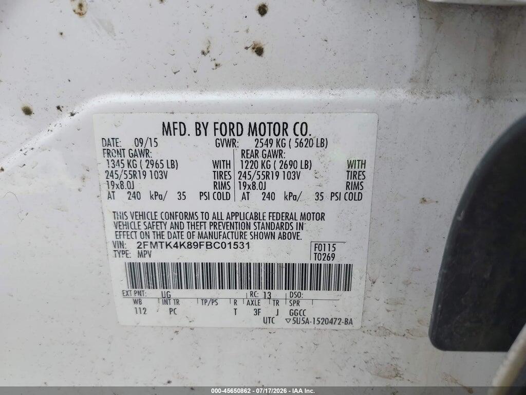 2FMTK4K89FBC01531 2015 FORD EDGE photo no. 9