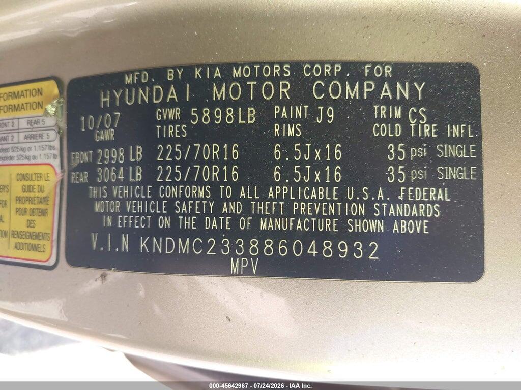 KNDMC233886048932 2008 HYUNDAI ENTOURAGE photo no. 9