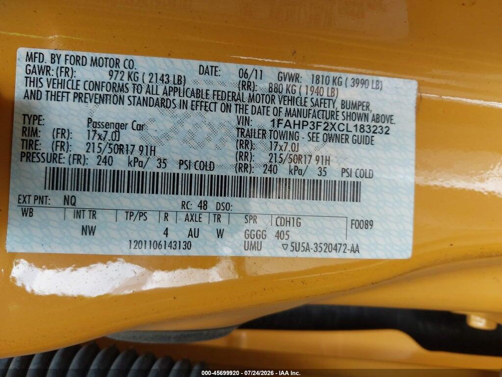 1FAHP3F2XCL183232 2012 FORD FOCUS photo no. 9