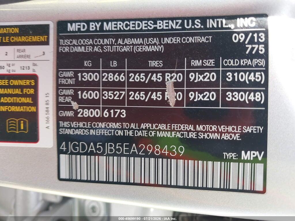 4JGDA5JB5EA298439 2014 MERCEDES-BENZ ML 350 photo no. 9
